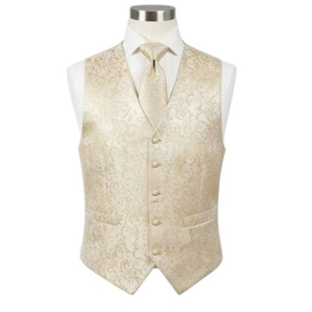 CooFandy Rose Pattern Cream Gold Button Up Vest w/ Tie‎ Size M